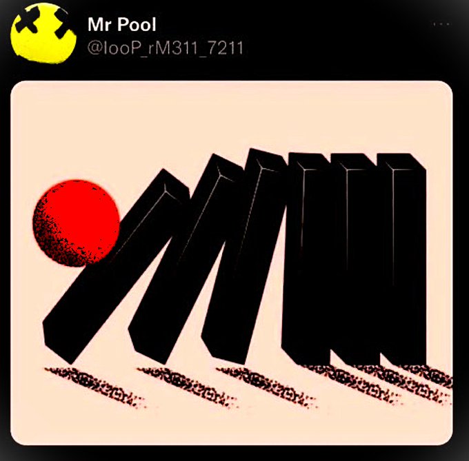 A tweet from "Mr Pool" (@looP_rM311_7211) features a stylized graphic of a red ball appearing to crash through black dominoes, visually representing the imminent collapse of XRP's resistance as the post argues against critics who claim the token's rise will take years.