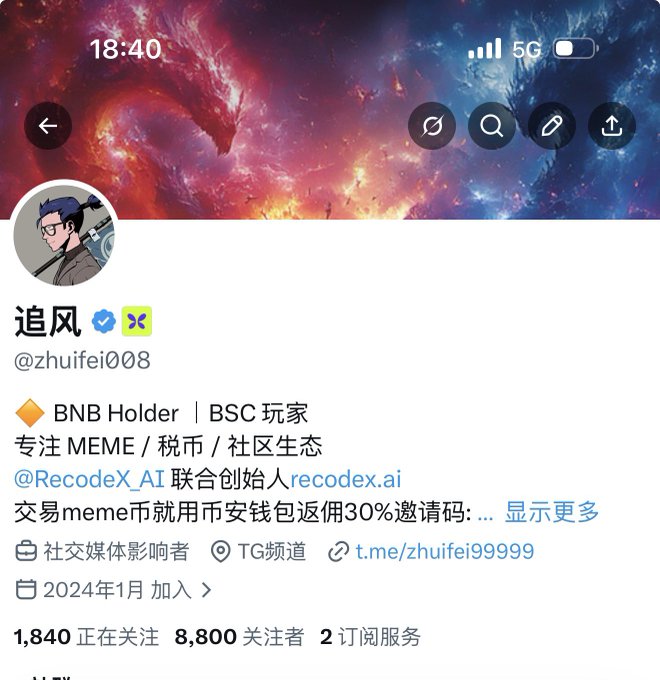 A Twitter/X profile screenshot of user 追风 (@zhuifei008), a self-described "BNB Holder | BSC玩家" and co-founder of @RecodeX_AI, showing 8,800 followers as the account approaches the 9,999 follower milestone referenced in the giveaway post.