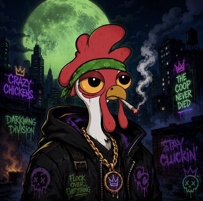 Stylized digital artwork of a tough rooster character wearing a bandana, gold chains, and jacket, smoking a cigarette, with graffiti text like "CRAZY CHICKENS", "DARKWING DIVISION", "THE COOP NEVER DIED", and "STAY CLUCKIN" against a city skyline and green moon.