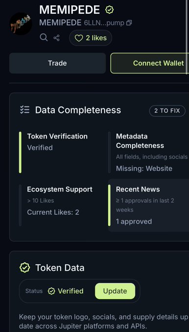 The image shows a token dashboard for "MEMIPEDE" displaying its Data Completeness status with 2 items to fix, including Token Verification marked as "Verified" on the Jupiter Exchange platform, aligning with the post celebrating its verification status on Jups.
