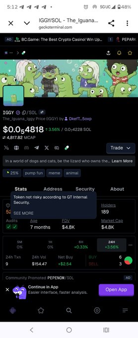 A mobile phone screenshot from the DexScreener app showing the IGGY/SOL cryptocurrency pair information, with a price of $0.004818, 3.56% increase, and a 'Token not risky according to GT Internal Security' warning.