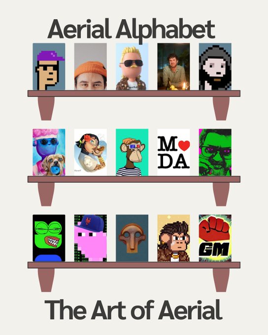 The image displays a promotional graphic titled "Aerial Alphabet - The Art of Aerial," featuring a grid of 15 NFT artwork thumbnails arranged on three wooden shelves, including recognizable pieces like pixel art characters, a gorilla with sunglasses, and a "GM" fist logo, advertising a 150+ page hardback art book available for 0.055 ETH.