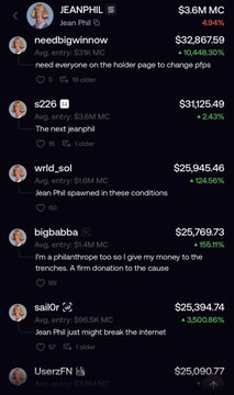 A screenshot of a leaderboard showing JEANPHIL at the top with $3.6M MC, followed by users like 'needbigwinnow' and 's226' with significant gains or losses.