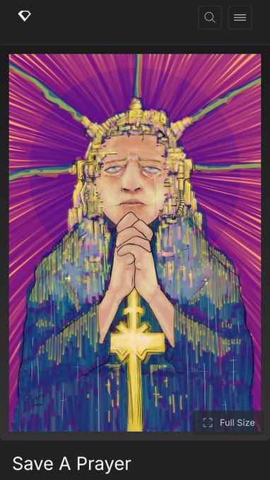 An artistic illustration labeled 'Save A Prayer' depicting a praying figure with a Statue of Liberty-style headdress in vibrant purple, yellow, and blue colors.