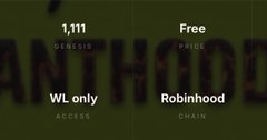 The image displays a promotional graphic for the AntHood NFT collection, showing the iconic "ANT HOOD" logo with key details: "1,111 Genesis," "Free Mint," "WL Only," and "Robinhood"—matching the post's announcement of 1,111 animated PFPs with a free mint for the AntHood community.