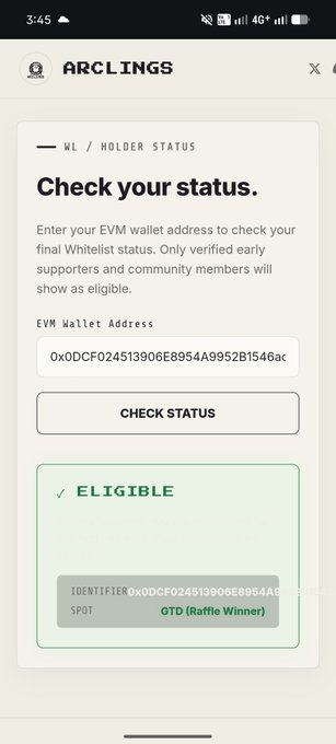 A mobile screenshot of the ARCLINGS website showing a WL/HOLDER STATUS check page with the EVM wallet address 0x0DCF024513906E8954A9952B1546ac displayed as ELIGIBLE for the GTD (Raffle Winner) spot.