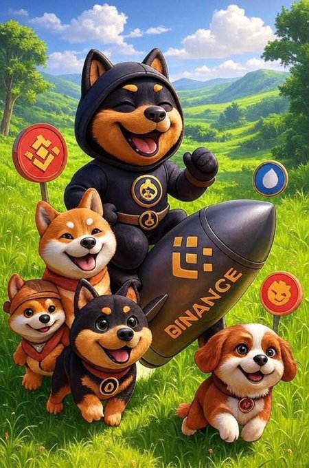 The image features a group of five dogs, including two shiba Inu dogs wearing black hoods, standing together with a large black rocket ship behind them. The background includes trees and mountains, creating an outdoor setting for this scene. The caption reads "184 Days Ago An Official @kucoincom Wallet Sent $MANYU To An Official @binance Wallet. I Believe Binance Is Preparing To List @RealManyu".