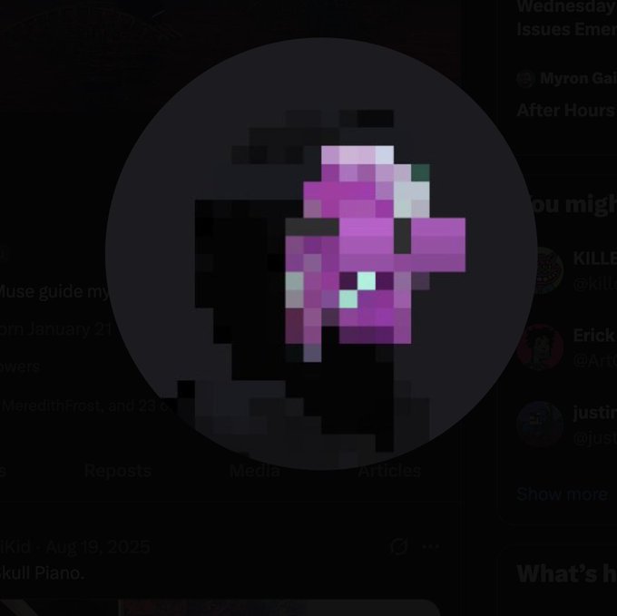 A pixelated purple Axolotl character (from Minecraft) is displayed in a circular profile picture frame on what appears to be a social media platform. The background shows faint text including "Reposts," "Media," "Articles," "January 21," and a date stamp of "Aug 19, 2025," which relates to the post questioning why the user @lphaCentauriKid changed their profile picture to this Minecraft axolotl image.