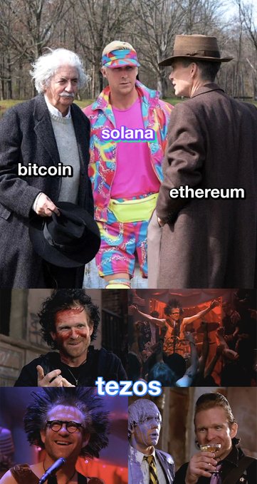 A crypto meme labels an elderly man as “bitcoin,” a brightly dressed man as “solana,” another man as “ethereum,” and lower celebrity images as “tezos.”