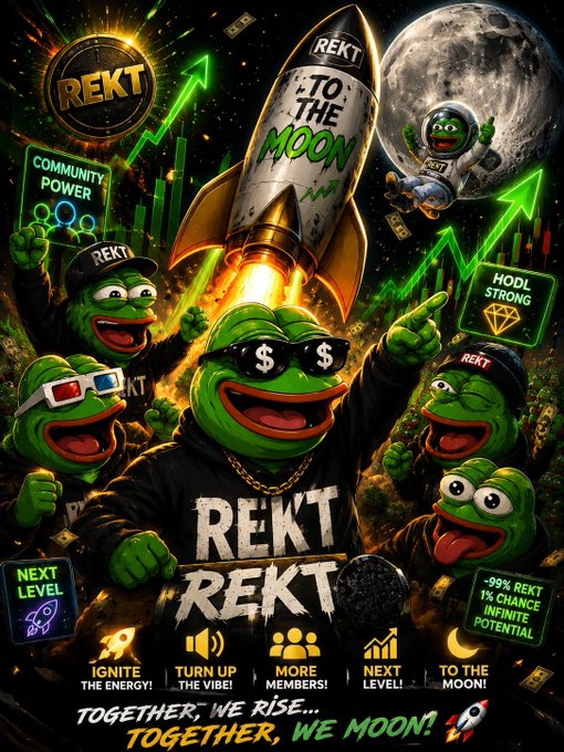 The image features a poster with cartoon characters, including five green frogs, one of which has a dollar sign on its head. The poster also includes text that reads "Rekt Rekt" and "Together we rise! We moon!". The background of the poster is black, with various symbols and logos related to cryptocurrency and finance.