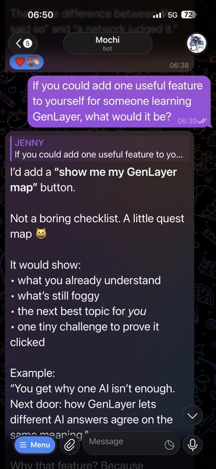 A Telegram chat screenshot showing a conversation with "Mochi bot" where the user asks what feature it would add for someone learning GenLayer. The bot responds to "JENNY" by suggesting a "show me my GenLayer map" button—a quest-style feature that visualizes what you understand, what's still fuzzy, and the next topic to explore. This relates to the post about using AI to break down complex concepts like GenLayer in simple terms.