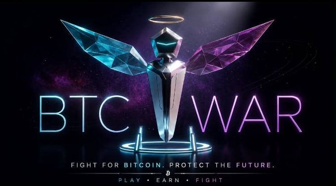 The image promotes the game "BTC WAR," featuring a futuristic armored guardian with crystalline blue and purple wings and a halo, standing on a glowing pedestal. The tagline reads "FIGHT FOR BITCOIN. PROTECT THE FUTURE." along with "PLAY • EARN • FIGHT," directly illustrating the post's narrative of a guardian battling to protect Bitcoin from the enemy "Quantum."