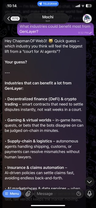 A Telegram chat screenshot with a bot called 'Mochi' discussing which industries could benefit most from a 'court for AI agents,' listing decentralized finance, gaming, supply-chain logistics, insurance, and AI marketplaces.