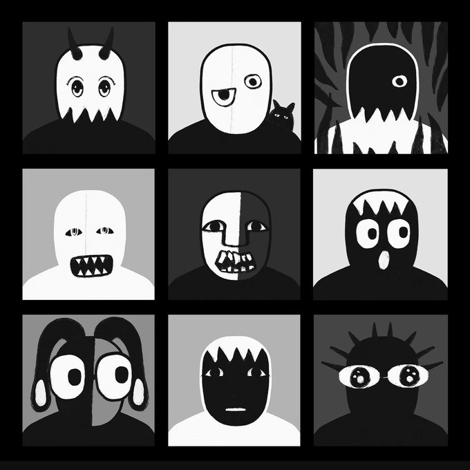 A 3x3 grid of nine black and white cartoon character illustrations featuring various stylized faces with different expressions, eyes, and horn-like features.