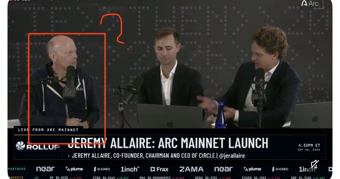Screenshot from a 'ROLLUP' news broadcast titled 'JEREMY ALLAIRE: ARC MAINNET LAUNCH' showing Jeremy Allaire on the left with a red box and question mark drawn over him, alongside two other men.