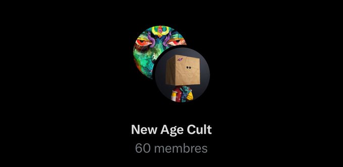 A Spotify-style profile card for "New Age Cult" with 60 members appears on a black background, featuring a collage avatar with a colorful face and a cardboard box mascot. The image's satirical "cult" branding playfully complements the post's parody-style messaging about NFTs and collectors.