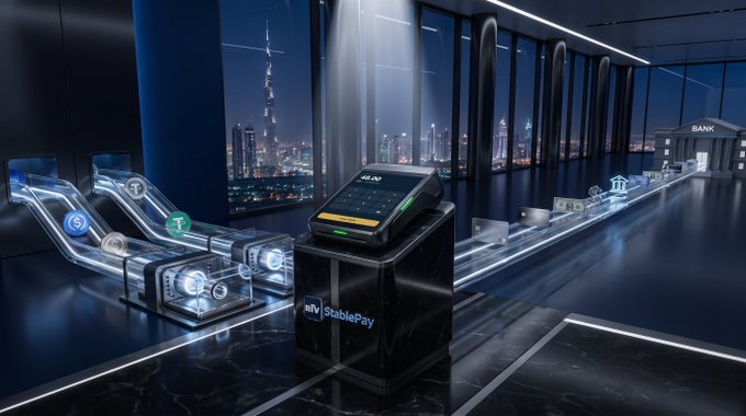 A sleek, futuristic 3D rendering showcases a Bitcoin ATM branded 'StablePay' in a modern interior with a city skyline view, displaying a flow of digital currency through translucent pipes toward a 'BANK'.