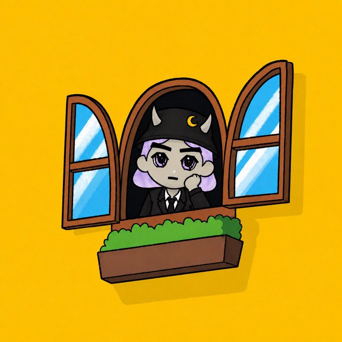 A chibi-style cartoon illustration of a purple-haired character in a suit and horned cap looking out of an arched window with a flower box, set against a yellow background.
