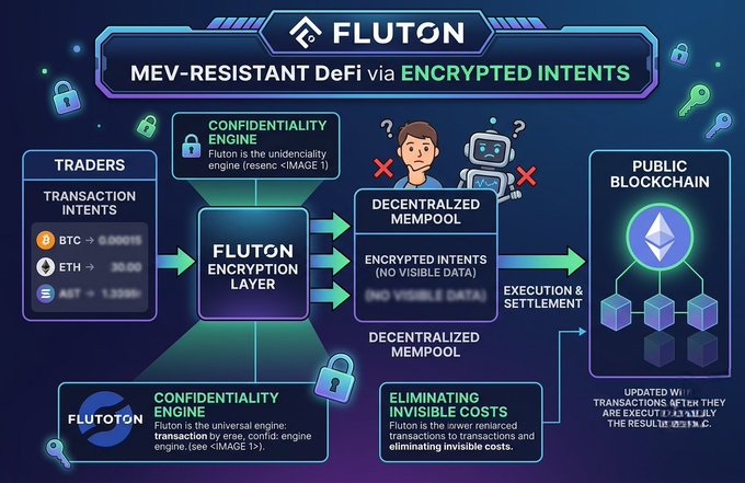 An infographic titled 'FLUTON - MEV-RESISTANT DeFi via ENCRYPTED INTENTS' showing a flowchart of traders' transaction intents passing through a confidentiality engine and encryption layer to the public blockchain.