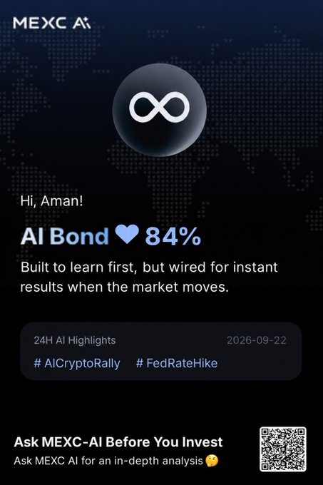 A mobile screen from MEXC displaying 'Hi, Aman! AI Bond 84%' with the tagline 'Built to learn first, but wired for instant results when the market moves,' along with 24H AI Highlights and hashtags '#AICryptoRally' and '#FedRateHike' on 2026-09-22.