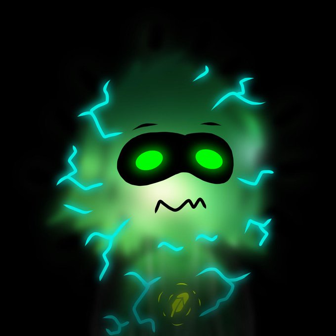 A glowing green and black NFT character with neon green glowing eyes, a worried expression, and crackling teal lightning bolts surrounding it, promoting the Community GTD mint phase now live on OpenSea for the "hoo" collection.