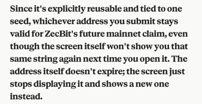 A text excerpt explains that ZecBit's seed phrase addresses remain valid for future mainnet claims even though the screen displays a new one each time.