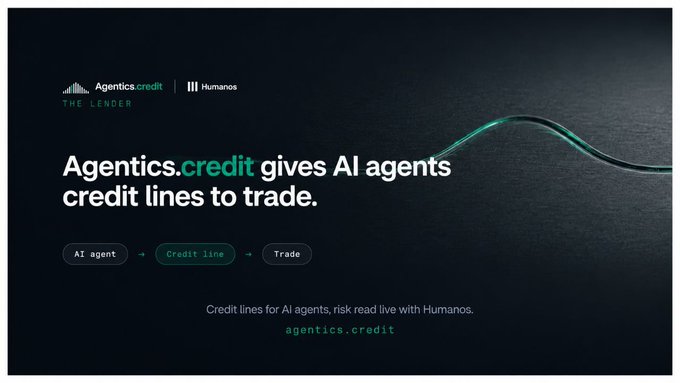 A promotional graphic for 'Agentics.credit' with the tagline 'Agentics.credit gives AI agents credit lines to trade,' showing a flow from AI agent to credit line to trade, powered by Humanos.