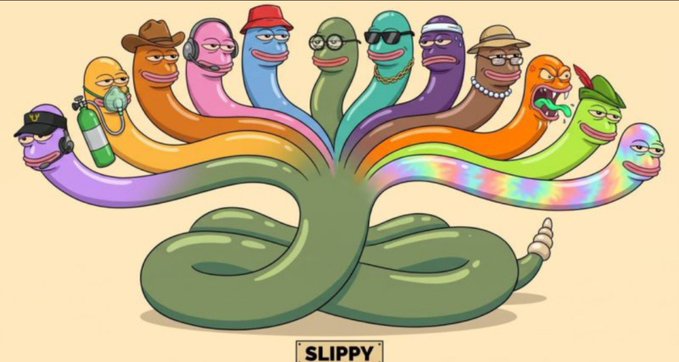 A colorful cartoon illustration of a green multi-headed snake labeled 'SLIPPY' at the bottom, with each snake head depicted as a different character wearing various accessories like hats, glasses, and headphones.