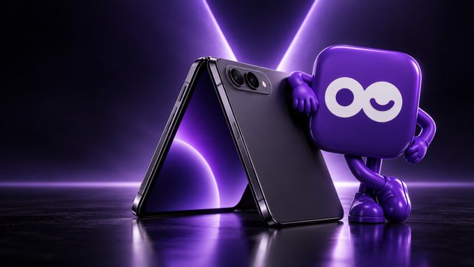 A promotional image showing a dark, foldable smartphone propped up in a tent shape next to a purple 3D mascot character with an infinity symbol on its face, set against a dark background with purple neon lighting.