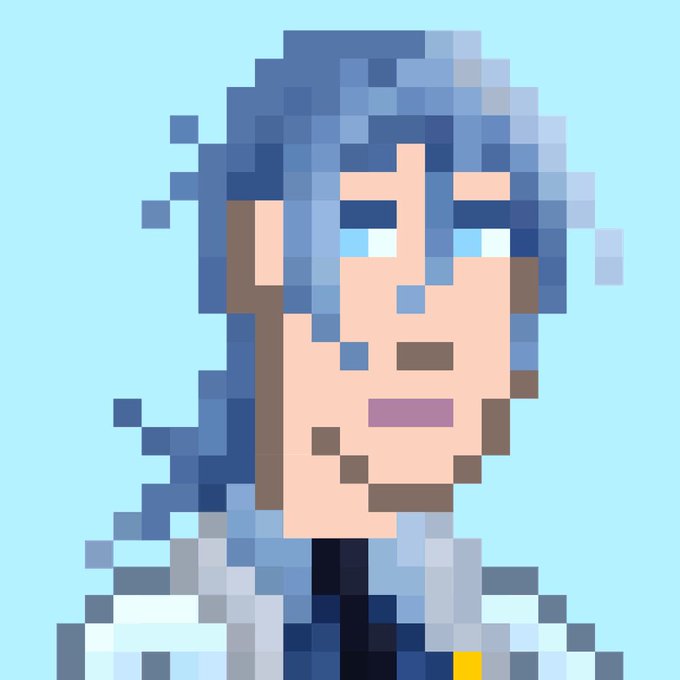 A pixel art portrait of a character with blue hair and blue eyes wearing a white coat against a light blue background.