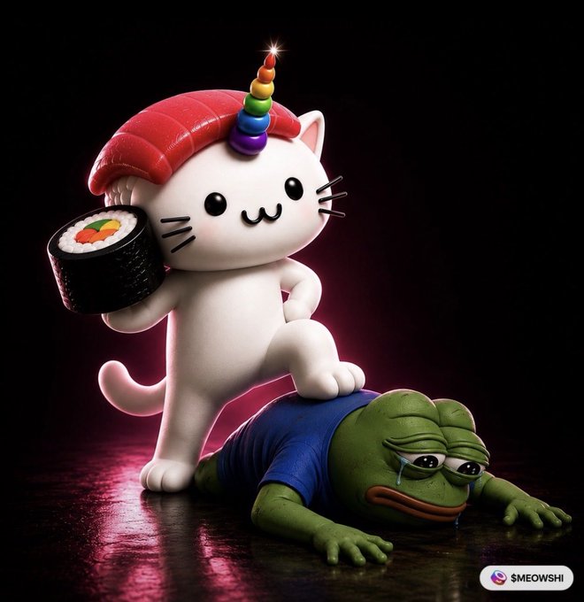 A 3D rendered image of a white unicorn-hoodie cat character holding a sushi roll and standing triumphantly on a defeated, crying Pepe the Frog, branded with the handle "$MEOWSHI" in the corner.