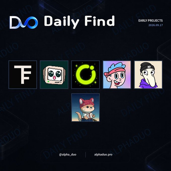 A 'Daily Find' graphic dated 2026.09.17 showcasing six early crypto/NFT project logos including an F token, a TV-headed character, a green symbol, a character with a hat, a figure with number 33 beanie, and a cat character, branded by @alpha_duo / alphaduo.pro.