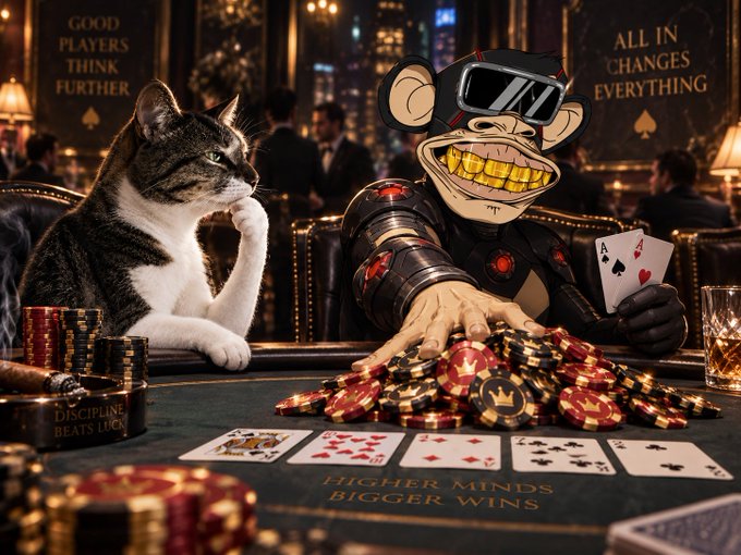 A cat and a grinning monkey in a VR headset sit at a poker table, with the monkey holding pocket aces and pushing a massive pile of chips forward under the motto "DISCIPLINE BEATS LUCK" — mirroring the post's praise of @machibigbrother's seemingly infinite bankroll and confidence that he'll recover losses and multiply gains in a bull market.
