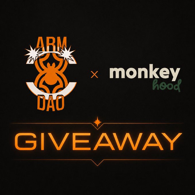 A black promotional graphic featuring the orange "ARM DAO" logo (a stylized crab) next to a green "monkey hood" logo with an "x" between them, above glowing orange text reading "GIVEAWAY," announcing a giveaway collaboration between ARM DAO and MonkeyHood NFT.
