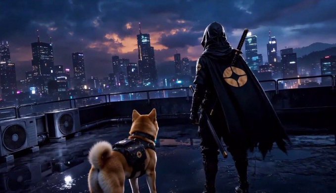 Digital artwork showing a hooded figure with a sword and a dog with a harness standing on a rooftop overlooking a futuristic neon-lit city.