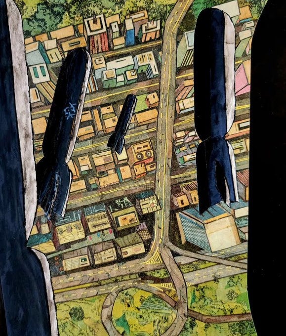 An artistic aerial view showing dark, elongated shadows of buildings cast over a colorful, stylized map of a city.