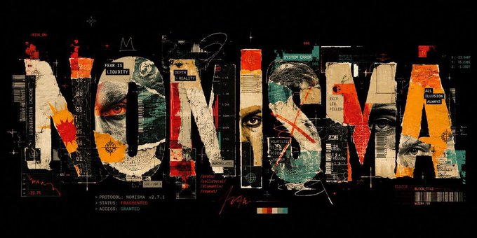 Collage-style typographic artwork spelling 'NOMINA,' incorporating eyes, faces, and document fragments with overlay text including 'YEAR TO LIQUIDITY,' 'REVOLT,' and a reference to PROTOCOL: NOMINA v2.7.1.