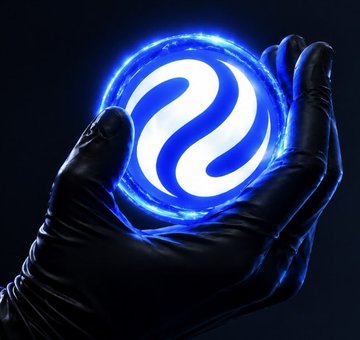 A digital illustration of a black-gloved hand holding a glowing blue and white orb with a stylized 'S' or wave pattern inside.