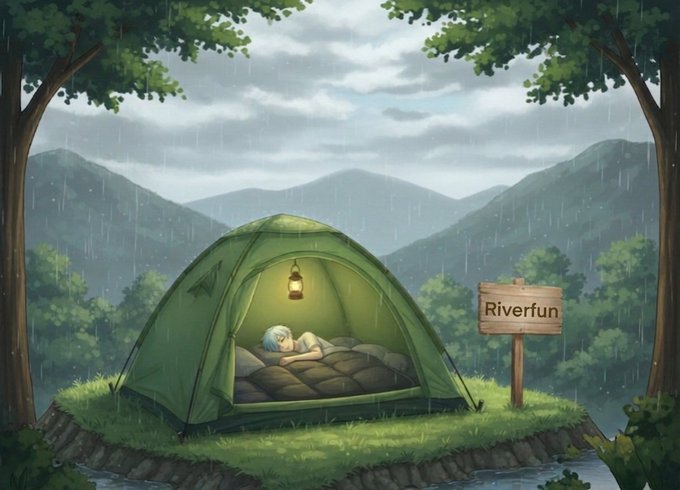 An illustrated digital artwork depicts a person sleeping peacefully inside a green tent during a rainstorm. A lantern glows inside the tent and a wooden sign nearby reads 'Riverfun'.
