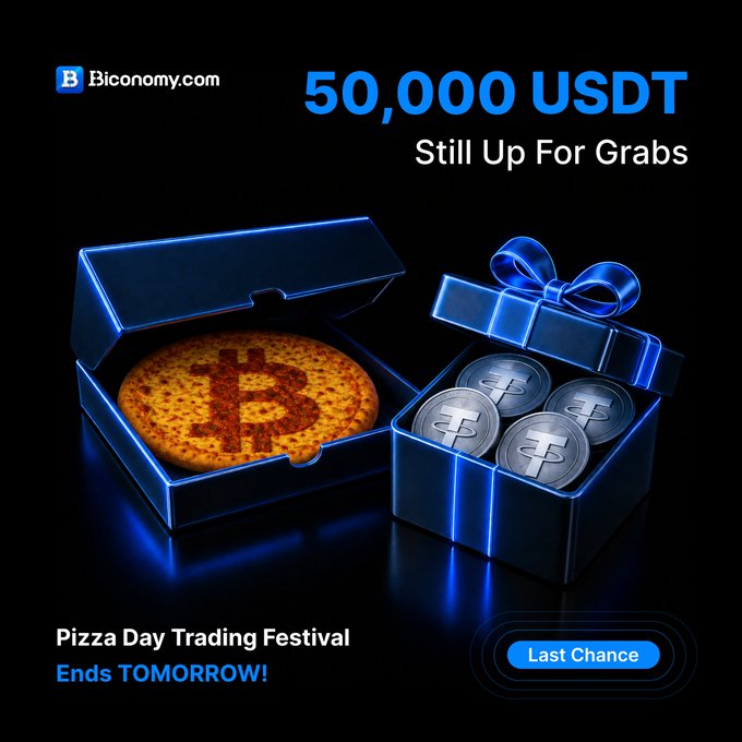 The image features a pizza box with a Bitcoin symbol on top of it, along with a few coins inside. The text above the pizza box reads "50,000 USDT still up for grabs Spot - Share 20,000 USDT (all pairs) Futures - 30,000 USDT (top 100 win), Up to 8,000 Last chance! Don'T be the next Laszlo Ends May 28". This advertisement is promoting a Bitcoin trading event that offers a 50,000 USDT reward for those who participate. The pizza box and coins are used as visual elements in the advertisement to attract attention and convey the message of the trading opportunity.