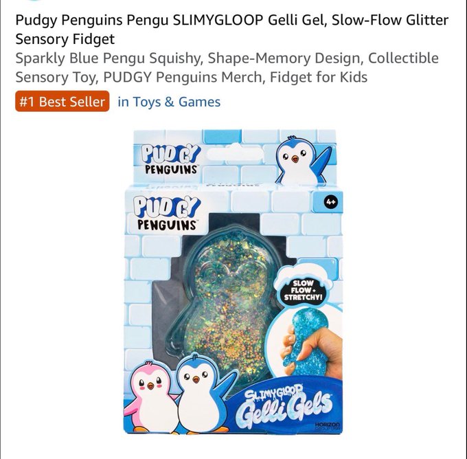 An Amazon product listing for 'Pudgy Penguins Pengu SLIMYGLOOP Gelli Gel, Slow-Flow Glitter Sensory Fidget', marked as '#1 Best Seller in Toys & Games', showing the blue penguin-shaped toy packaging.