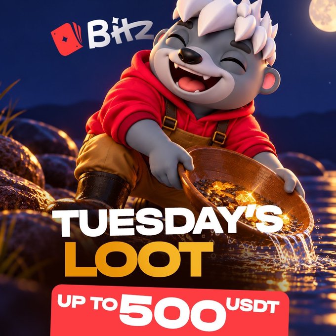 A 3D-rendered bear mascot wearing a red hoodie panning for gold under a moonlit sky, promoting 'BitZ TUESDAY'S LOOT' with a prize of 'UP TO 500 USDT'.