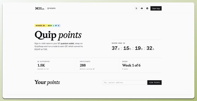 A webpage titled 'Quip points' showing Season 04, Week 1 of 6 with a season end countdown, 1.5K QP distributed, 288 participants, and a field to enter a wallet address to view points.