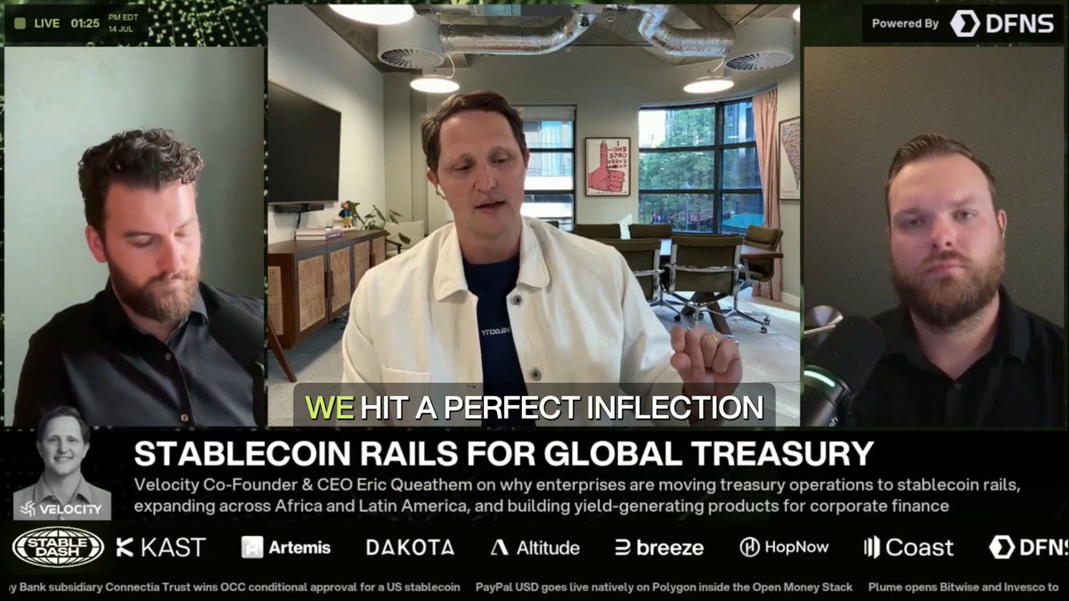 Live stream screenshot from Stable Bank featuring Velocity Co-Founder & CEO Eric Queathem discussing 'STABLECOIN RAILS FOR GLOBAL TREASURY,' with the headline 'WE HIT A PERFECT INFLECTION.'