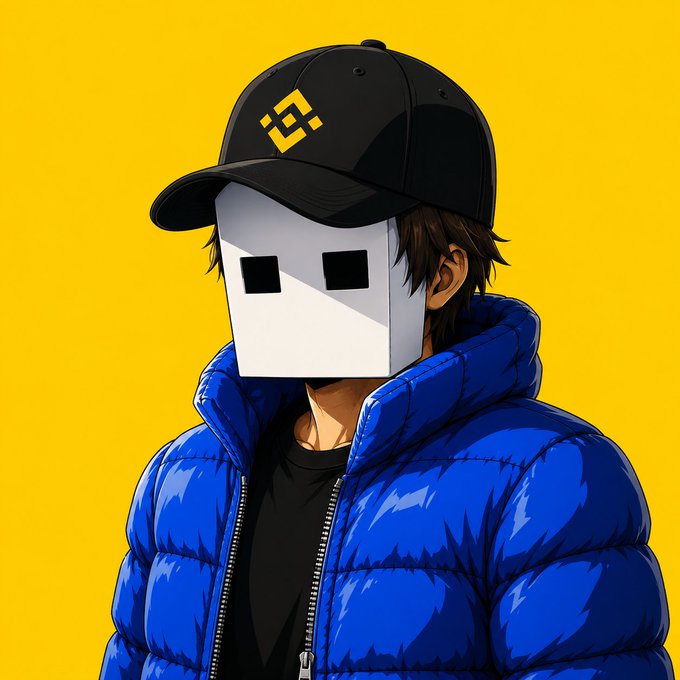 An anime-style character wearing a blue puffer jacket, black cap featuring the Binance (BNB) logo, and a white blocky mask stands against a bright yellow background—evoking the anonymous, crypto-anonymous vibe of a "gm" greeting to the Web3 community.