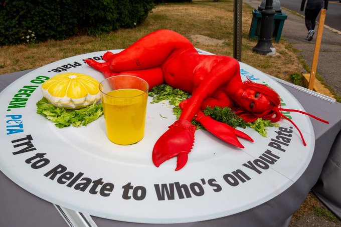 A person painted as a red lobster is presented on a giant plate with lettuce, a lemon slice, and a drink, surrounded by the text "Try to Relate to Who's on Your Plate. Go Vegan. PETA." This image visually represents PETA's "Go Vegan" campaign, urging people to empathize with animals by seeing them as individuals rather than just food.