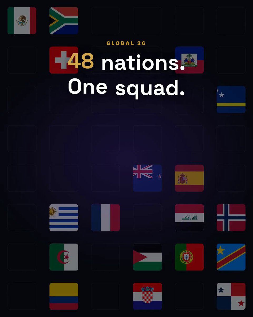 The image features a poster with various flags from different countries, including the United States, Mexico, France, Germany, Spain, Switzerland, and others. The text on the poster reads "Global 25 nations. One squad." This suggests that there are 25 nations represented in the poster, each with their own flag. The poster is displayed against a black background, making it stand out prominently.