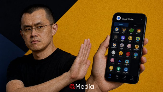 An image of Changpeng Zhao (CZ) of Binance making a dismissive gesture with his hand, alongside a smartphone displaying the Trust Wallet app interface showing various cryptocurrency tokens.
