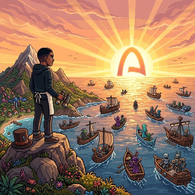 An illustrated scene of a young man with binoculars standing on a cliff overlooking a vibrant ocean filled with various boats, pirates, and fantasy characters at sunset.