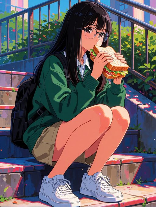 Anime-style artwork of a bespectacled girl with long black hair sitting on brick steps in a green jacket and shorts, eating a sandwich with a backpack beside her.